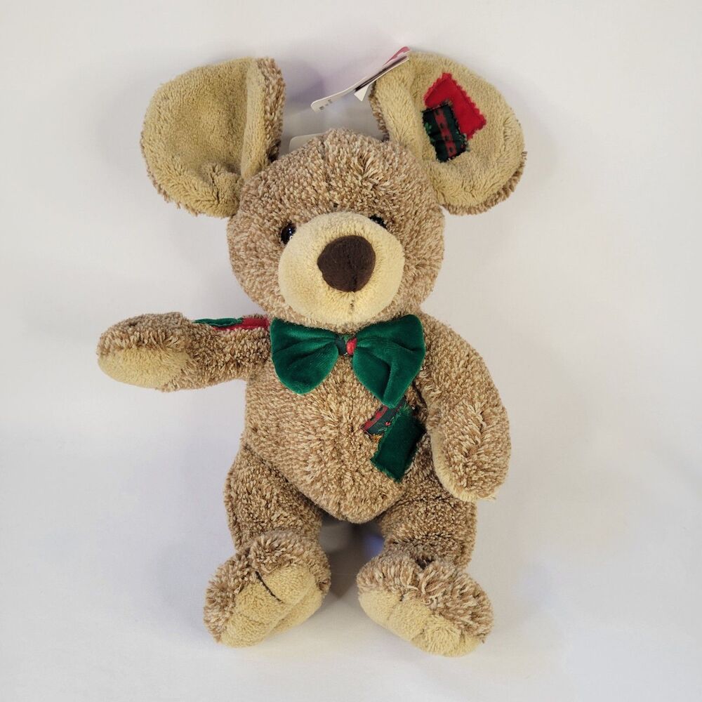 Vtg 90s Walmart Patchwork Tan Mouse Plush Green Bow Tie Christmas Holiday 15"